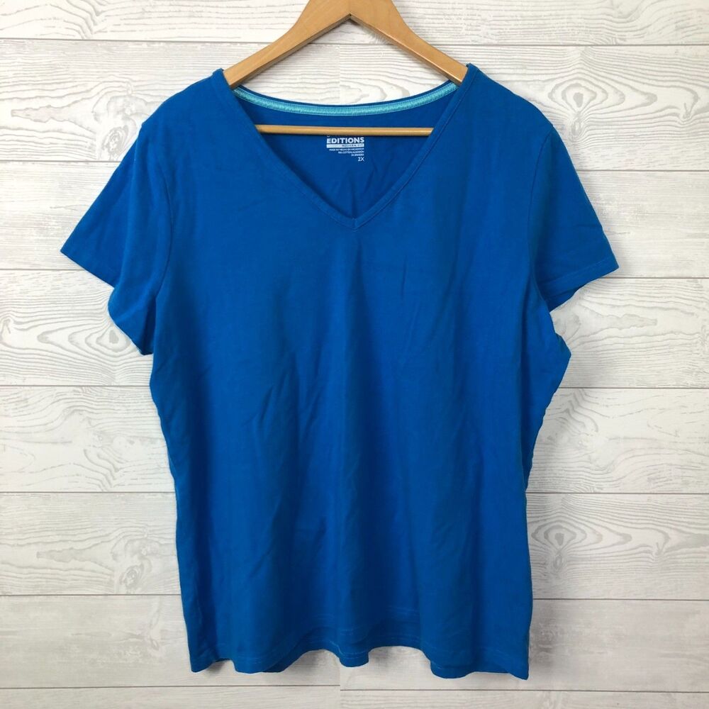 Basic Editions Women's 2X Modern Fit Short Sleeve V Neck Tee Cotton Blend Blue